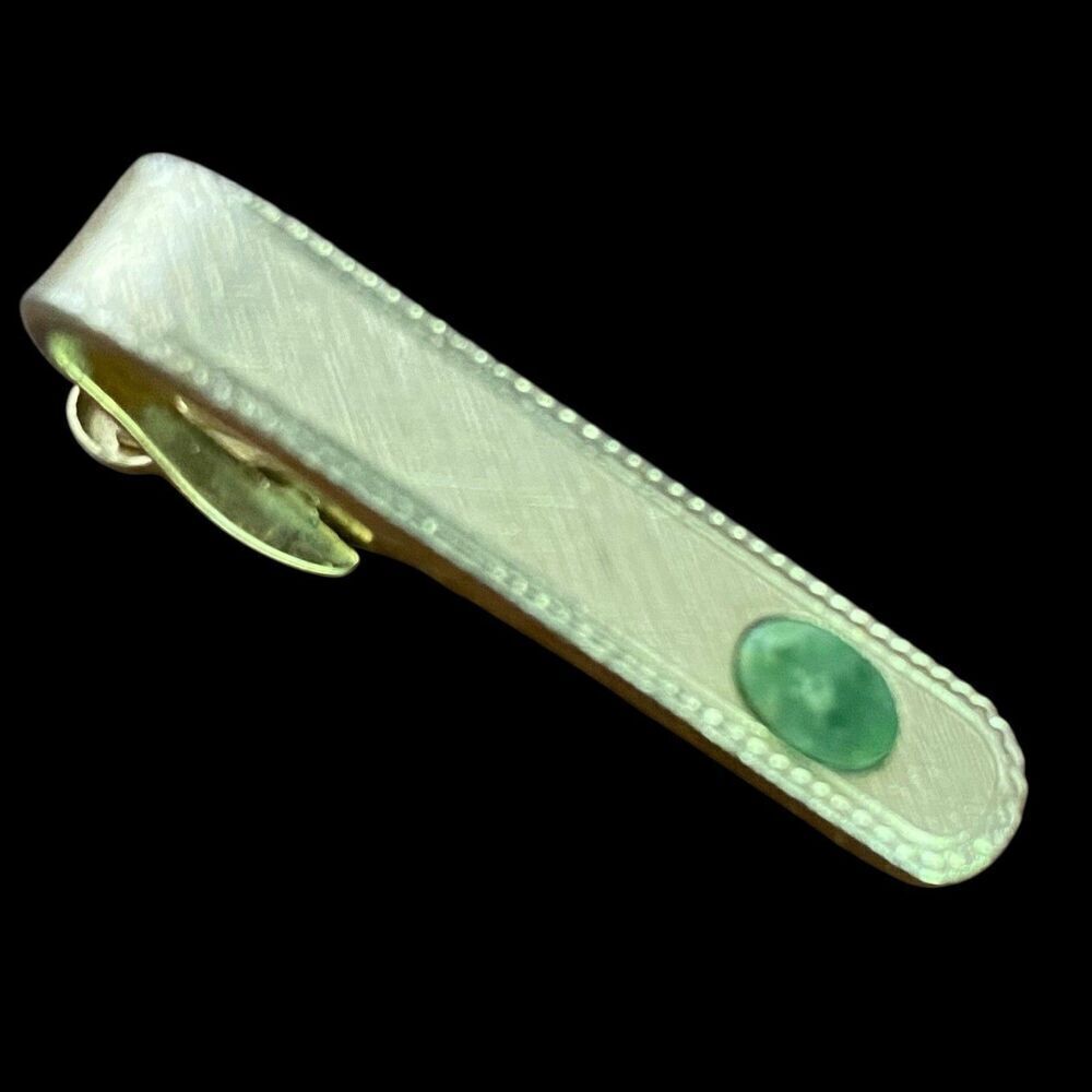 Vintage Shields Tie Bar Clip Genuine Jade Green Stone Small Goldtone Signed